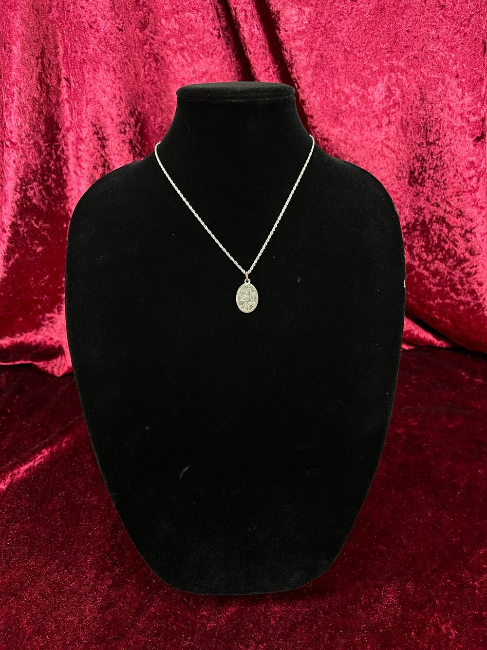 Vintage Silver Tone Religious Medal Necklace - Saint Gerard Oval Pendant